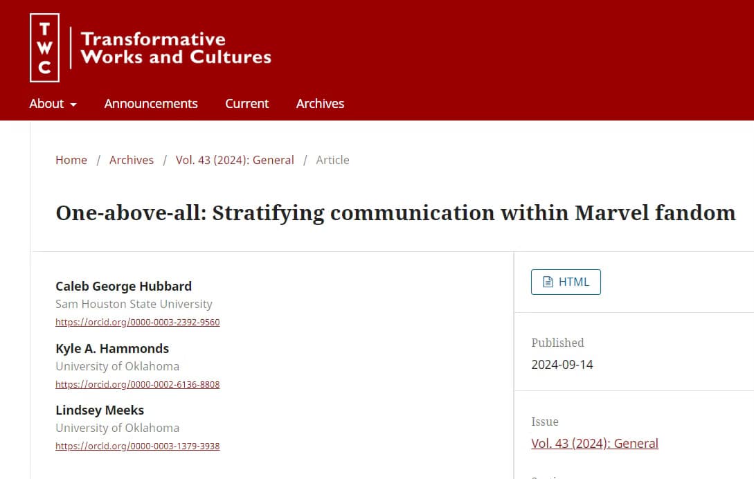 Title page of "One-above-all: Stratifying communication within Marvel fandom" on the Transformative Works and Cultures journal site